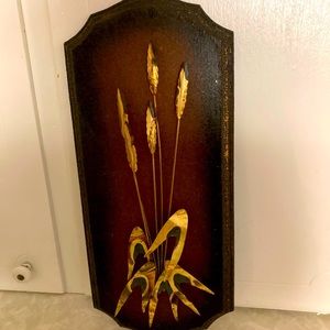 Vintage Mcm Copper Brass Cattail Wheat Metal Sculpture Wall Plaque.